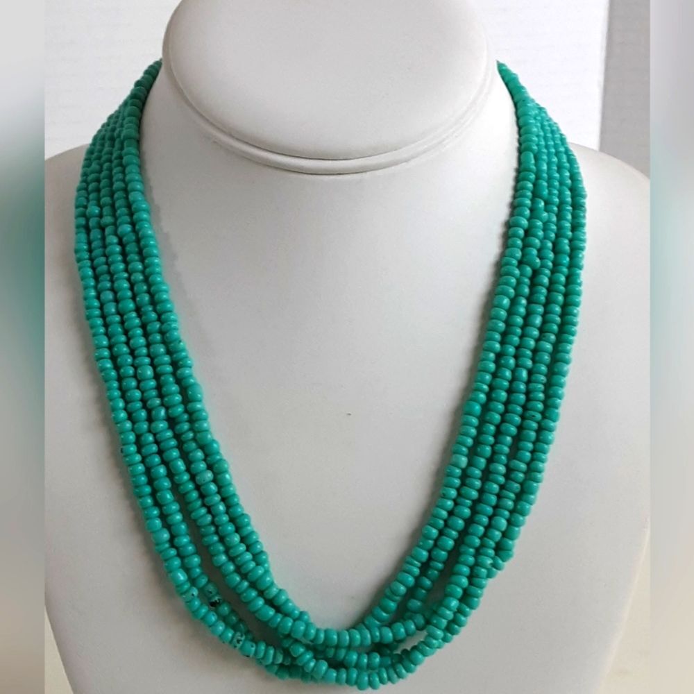 Turquoise Glass Rondel Beaded 5 Strand Necklace 19"